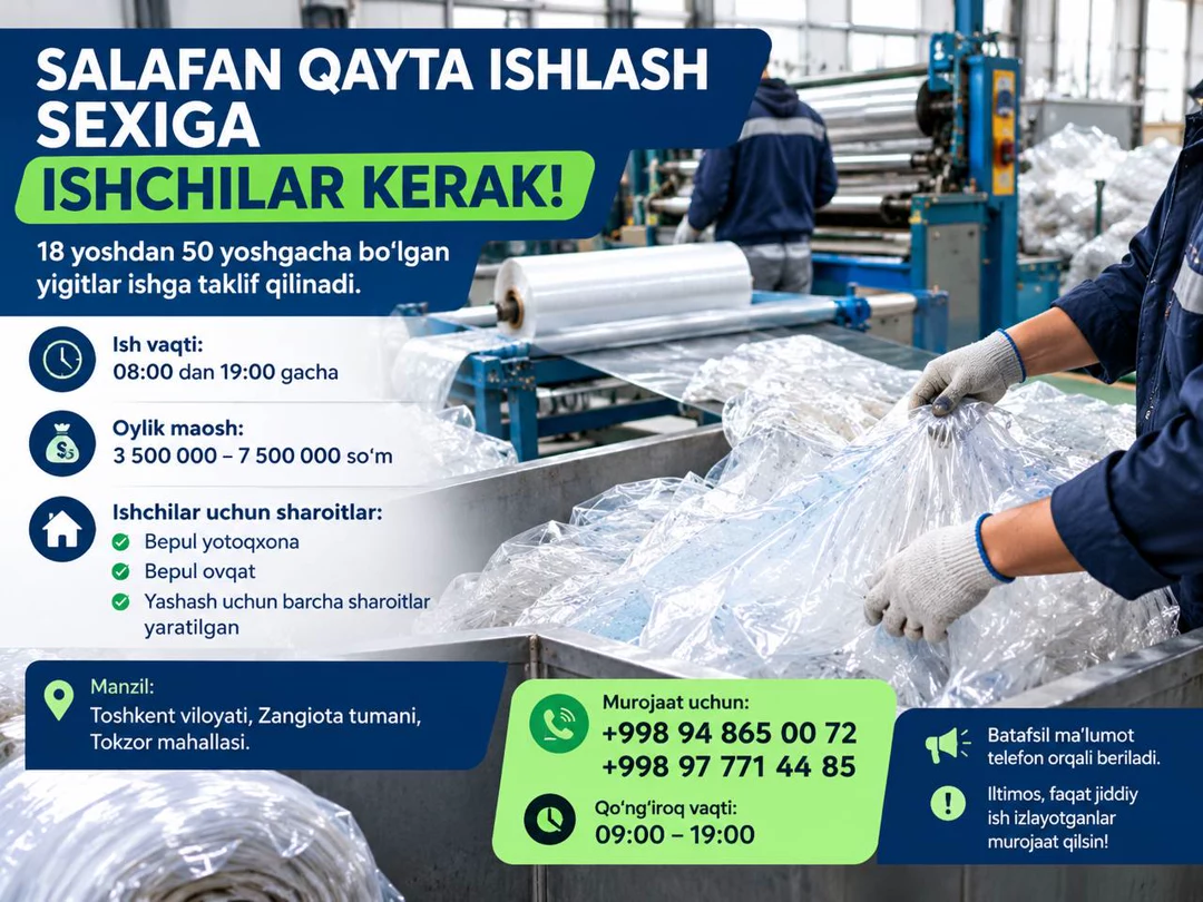 Salafan qayta ishlash sexiga ishchilar