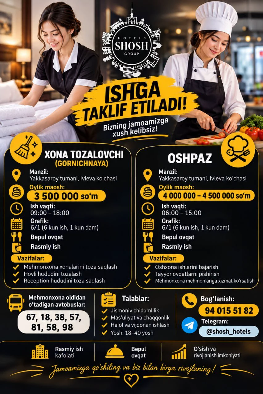 Xona tozalovchi (gornichnaya) va oshpaz